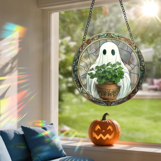 Acrylic Halloween Sun Catcher - 7.87 Inch Round Suncatcher for Window Hanging Decoration - Creates Indoor Rainbows Light Refraction - Spooky Ghost, Witch, Pumpkin Design