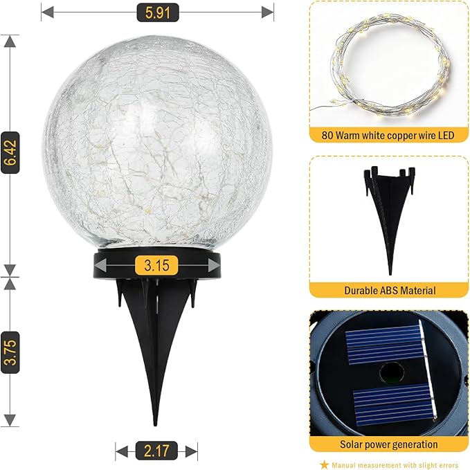 HOTEAGLE Solar Globe Lights Outdoor Waterproof-Large 2-Pack Solar Balls Lights for Outside Garden-Cracked Glass Ball Solar Lights for Garden Patio & Lawn Backyard Decor (Yellow, 5.9 inch)