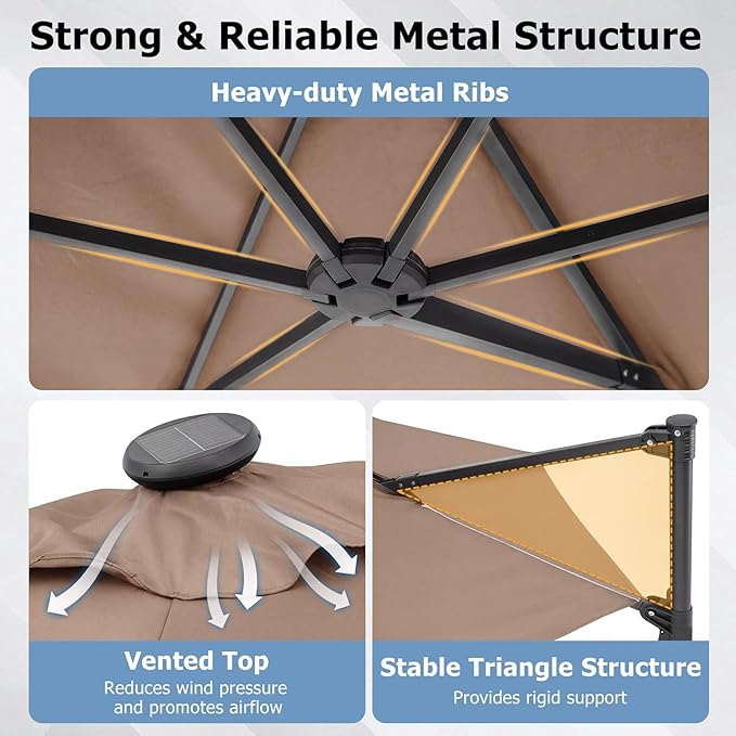 Tangkula 10ft Patio Umbrella with Solar Lights, Offset Cantilever Outdoor Umbrella with LED Lights, 360 Degree Rotation, Air Vent for Pool Deck Garden Backyard (Tan)