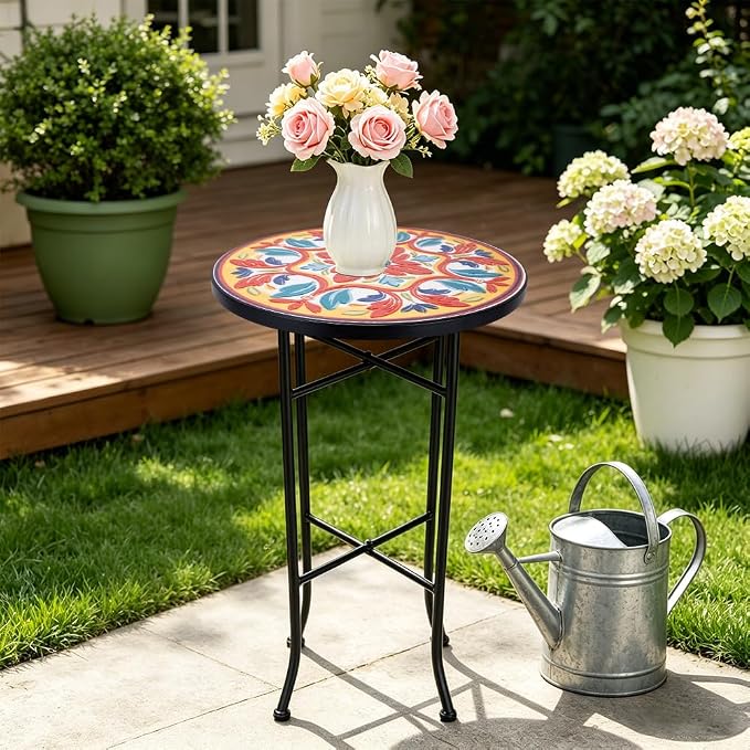 14 Inch Mosaic Patio Side Table with X-Straight Legs, Indoor Outdoor Accent Round End Table with Ceramic Tile Tops for Yard, Garden, Living Room, Bistro, A - Med. Floral Pattern
