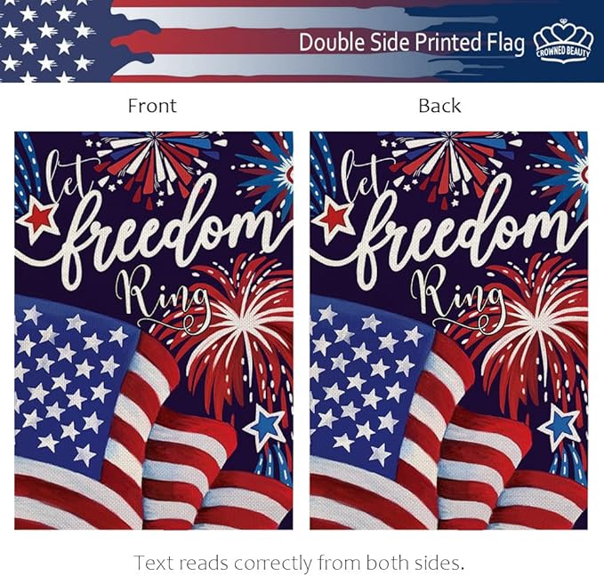 CROWNED BEAUTY 4th of July Patriotic Garden Flag Let Freedom Ring 12x18 Inch Double Sided Memorial Independence Day Outside American Flag Fireworks Small Yard Decoration CF923-12
