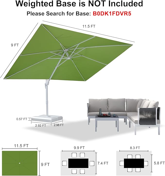 PURPLE LEAF 9' × 11.5' Patio Umbrella White Cantilever Umbrella Aluminum Square Outdoor Offset Umbrella Hanging Windproof with 360° Rotation for Garden Deck Pool, Green