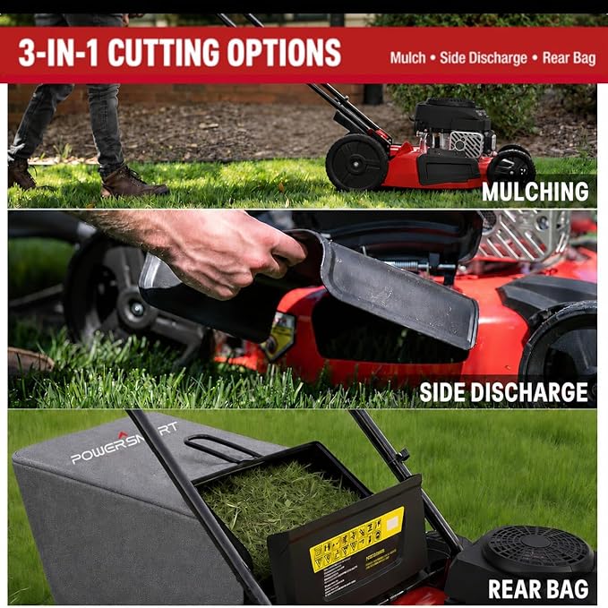 PowerSmart 21-Inch Gas Self-Propelled Lawn Mower, 170cc OHV Engine, Reinforced Steel Deck, 3-in-1 Bagging/Mulching/Rear Discharge, 6 Cutting Heights (1.5"–3.9"), 10" Rear Wheels, Foldable Handle