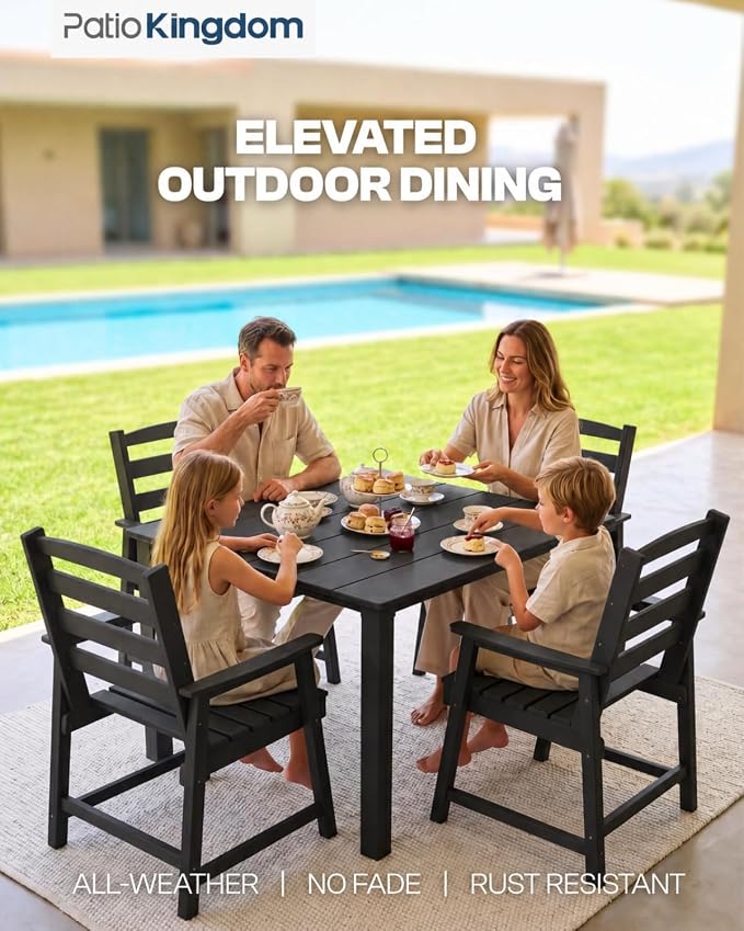 HDPE Outdoor Dining Set for 4, Armchairs, Black | All-Weather HDPE, Wood Grain Finish, 42.5" Square Table, Built-In Umbrella Hole, Seats 4, Patio & Poolside Ready
