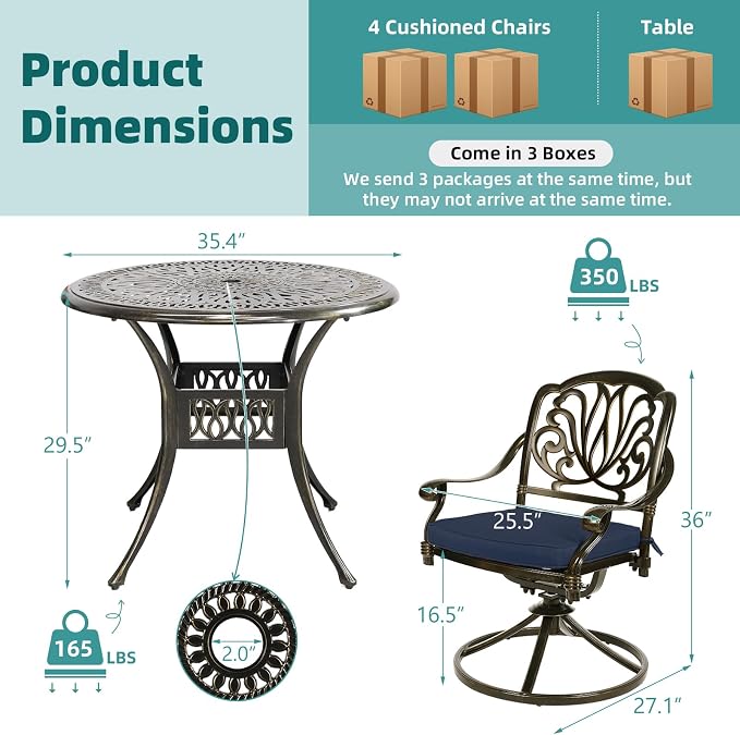 MEETWARM 5-Piece Outdoor Patio Dining Set, All-Weather Cast Aluminum Patio Conversation Set for Backyard Garden Deck with 4 Cushions Swivel Rocker Chairs and 35.4" Round Table, Navy Blue