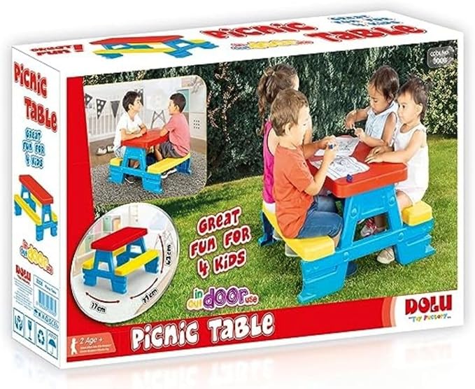 DOLU : Big Plastic Picnic Table for 4 - Blue, Red, Yellow - Indoor & Outdoor Use, 44lb Capacity, 44x77x71, Designed for Toddlers & Kids Ages 2+