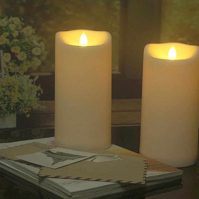 Outdoor Waterproof Large Flameless LED Candles with Remote Timer Battery Operated Plastic Big Pillar Candles for Garden Patio Home Wedding Party Decorations Flickering Electric Lights 4”x8” 2 Pack