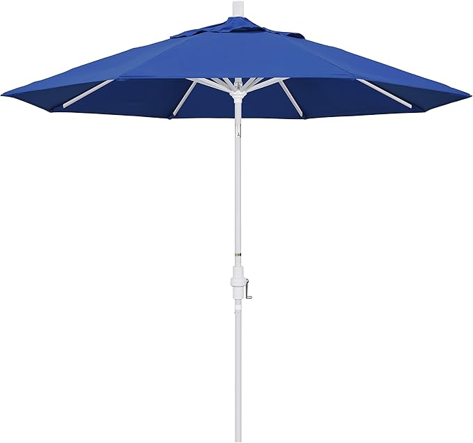 California Umbrella 9' Round Aluminum Market Umbrella, Crank Lift, Collar Tilt, White Pole, Pacifica Pacific Blue