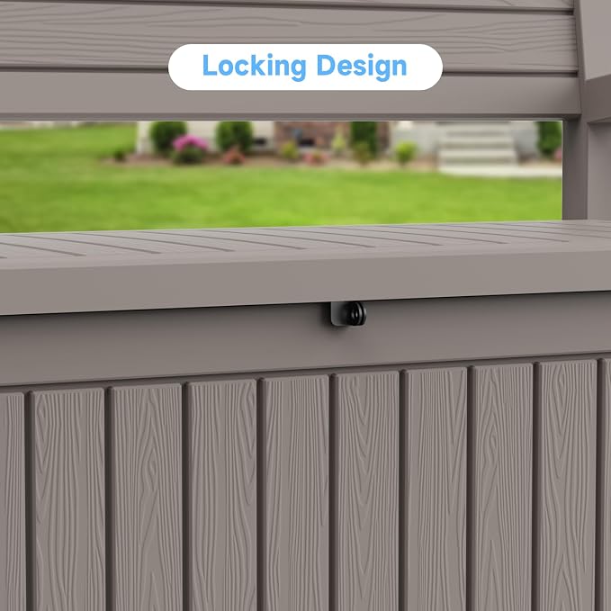 70 Gallon Outdoor Storage Bench， Waterproof and Lockable Outdoor Storage Box, Durable Resin Deck Box for Patio, Backyard, Garden, Porch(Grey)
