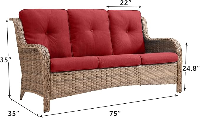 Rilyson Outdoor Couch Wicker Patio Sofa - 3 Seat Rattan Sofa with Deep Seating and Comfortable Cushions for Porch Deck Balcony Garden(Yellow/Red)