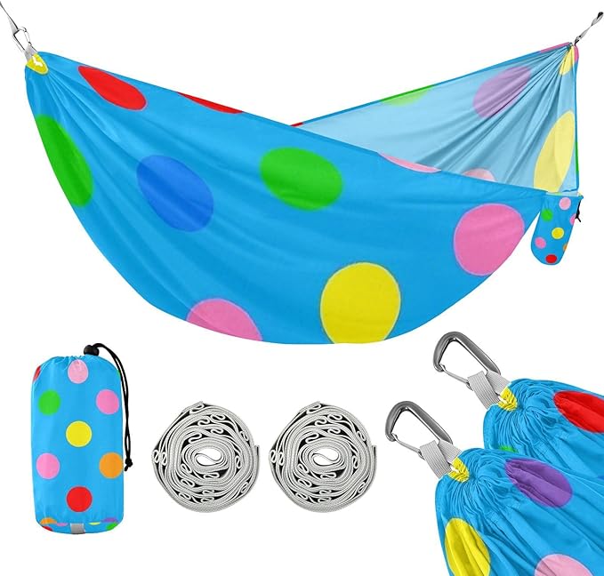 Cartoon Colorful Dot Blue 330lb Capacity Camping Hammock with Tree Straps Indoor Hammock for Patio Backyard Lounge Base soporte para hamacas para adultos