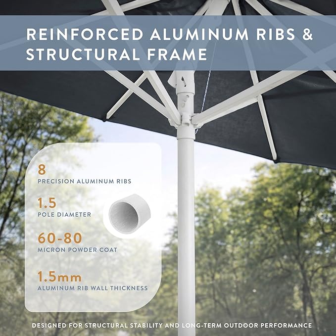 California Umbrella 10-Year Protection 9 Ft Outdoor Patio Umbrella, Pacifica Fade-Resistant Fabric, Auto-Tilt, Heavy Duty Aluminum Frame, 8 Reinforced Ribs for Pool or Deck, White Pole, Sapphire