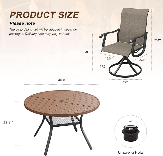 VICLLAX Patio 5 Pieces Outdoor Dining Set, 40.6" Round Metal Table with Umbrella Hole and Storage Shelf, 4 Swivel Textilene Chairs for Lawn, Garden, Porch, Walnut/Brown