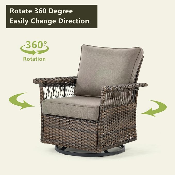Outdoor Patio Rocking Swivel Chairs - 2PC Wicker Patio Furniture Rocker Chair Set,Rattan Glider Chair with Sturdy Frame,All-Weather PE Wicker and Cushions for Deck Porch Balcony(Brown/Grey)