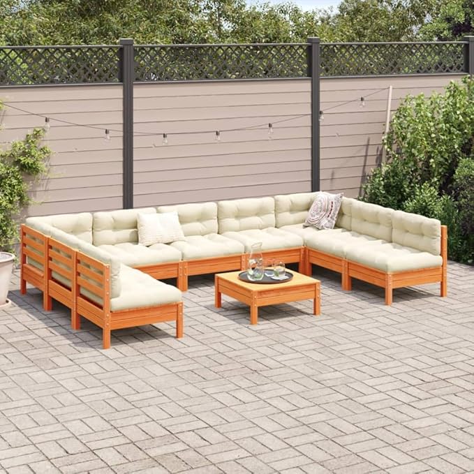 10 Piece Patio Sofa Set with Cushions, Patio Conversation Set Outdoor Dining Sets Sectional Sofa Porch Furniture Set for Piazza Exhibition Garden Poolside Wax Brown Solid Wood Pine