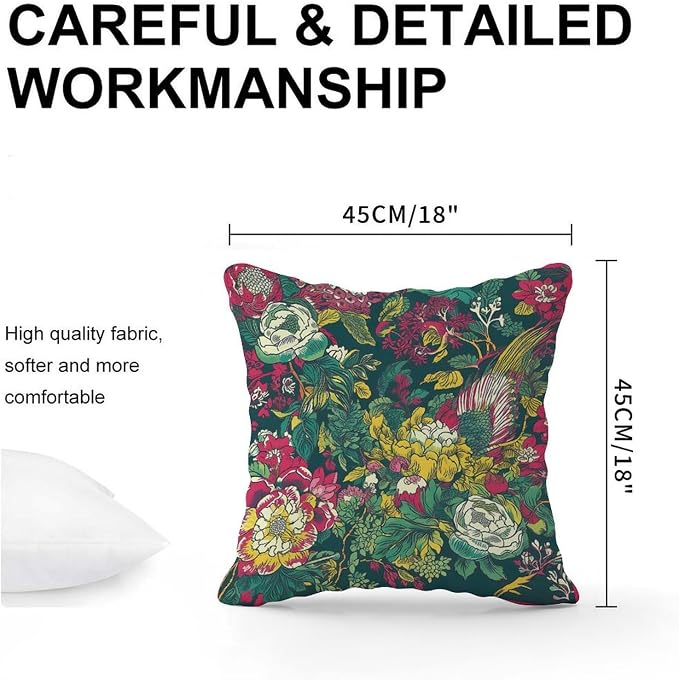 Cushion Cases Chinoiserie Red Peony Floral Throw Pillow Covers Abstract Green and Pink Pillow Cover Accent Square Couch Sofa Cushion Covers for Patio Couch Tent Sofa 18x18 in