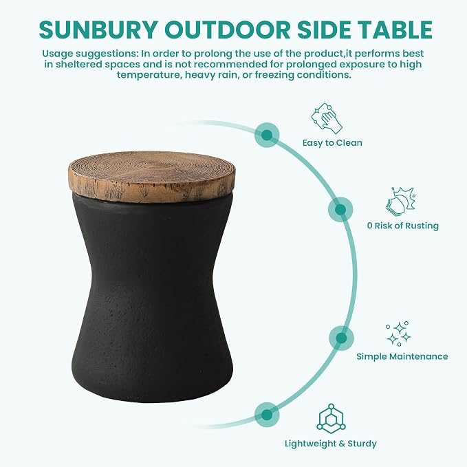 SUNBURY Outdoor Accent Table, 13" W Hourglass Shaped Outdoor Side Table for Patio, Concrete Garden Stool End Table, Morden Concrete Wooden-Look Top for Bedroom, Garden, Backyard
