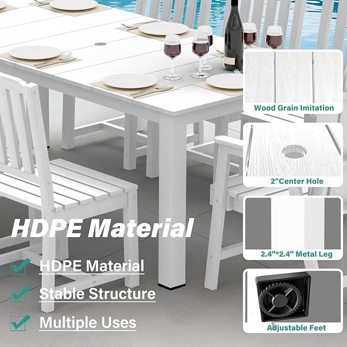 9 Piece Outdoor Table and Chairs Set, HDPE Dining Furniture, White | 75.2” table,8 seat outdoor dining table set, mixed chair HDPE and ALU, moisture and UV, low maintenance outdoor furniture