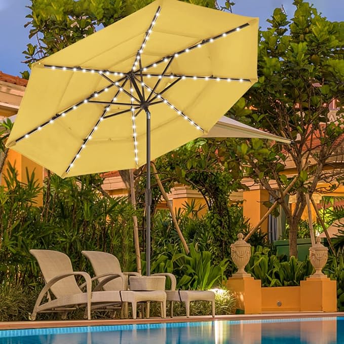 EliteShade USA 10-Year-Non-Fading 9ft 3-Tier Market Patio Umbrella, Commercial Table Umbrella with 80 Solar LED Lights, Crank Open, Windproof & UPF 50+ UV Protection for Garden, Deck, Pool, Backyard, Sunflower Yellow