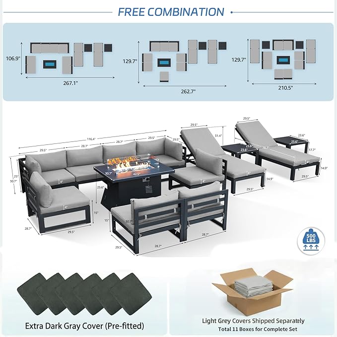 NICESOUL 13 Piece Large Modern Aluminum Patio Furniture Set, Water & Fade Resistant Modular Outdoor Conversation Set with Lounge, 500 lbs Heavy Duty Comfortable Sectional Sofa for Poolside, Light Gray