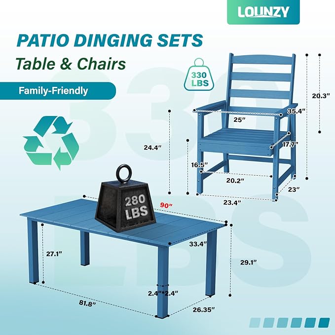 LOUNZY 9 Pieces Patio Dining Sets, 90'' Table Outdoor HDPE Furniture Set w/ 2" Hole Cut-Out Dining Table with 8 Patio Chairs for Lawn, Pool and Yard, Navy