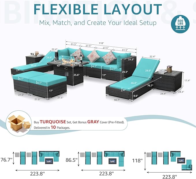 NICESOUL 11 Piece Sectional Outdoor Set with Firepit Loungers, Extra Large Backyard Seating with Fireplace, 29.3'' Highback Patio Couch Sofa, All-Weather Wicker Furniture Sets for Deck, Grey&Teal