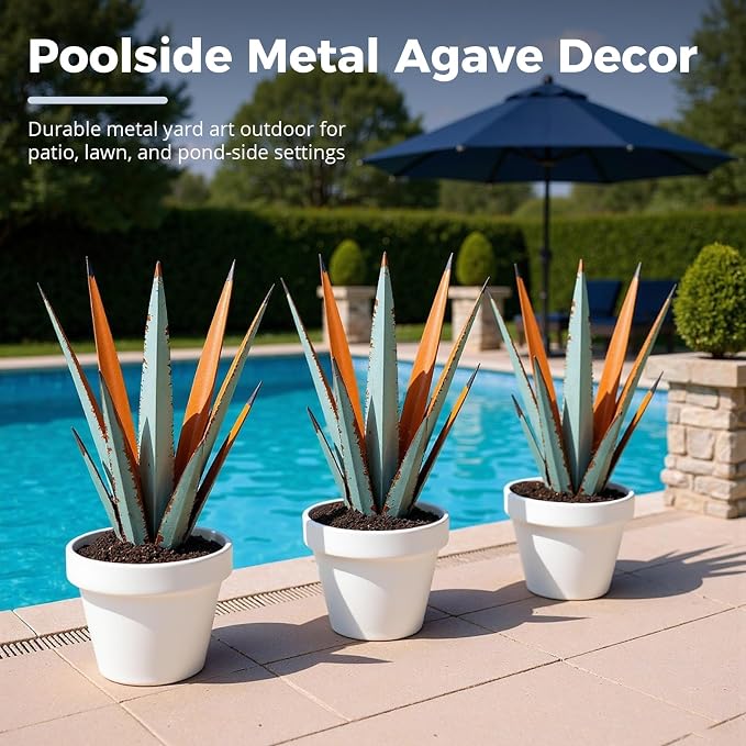 KODIBO 24” Metal Agave Plant Outdoor Decor, Large Yard Statue, Vintage Blue | Desert Steel Yard Art, Tequila Rustic Sculpture, Outdoor-Resistant Metal, Mexican Style Yard Decor, Gifts for Garden Lovers