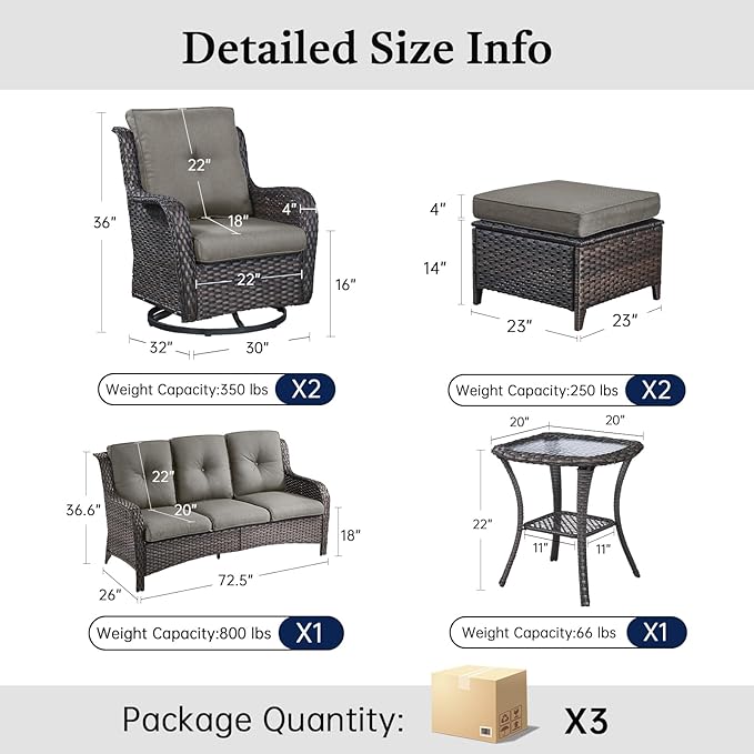 6 Piece Patio Furniture Set with Ottoman - All Weather Patio Conversation Set with 4 Inch Thick Cushions and Deep Seating Swivel Glider Chairs & Outdoor Couch for Porch Deck Yard Pool