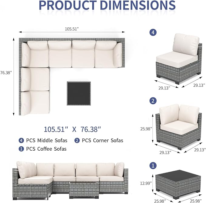 GarveeHome 7 Piece Patio Furniture Set, PE Rattan Wicker Sectional Sofa Set with Cushions & Glass Top Coffee Table, Outdoor Conversation Furniture for Garden, Balcony, Porch, Backyard