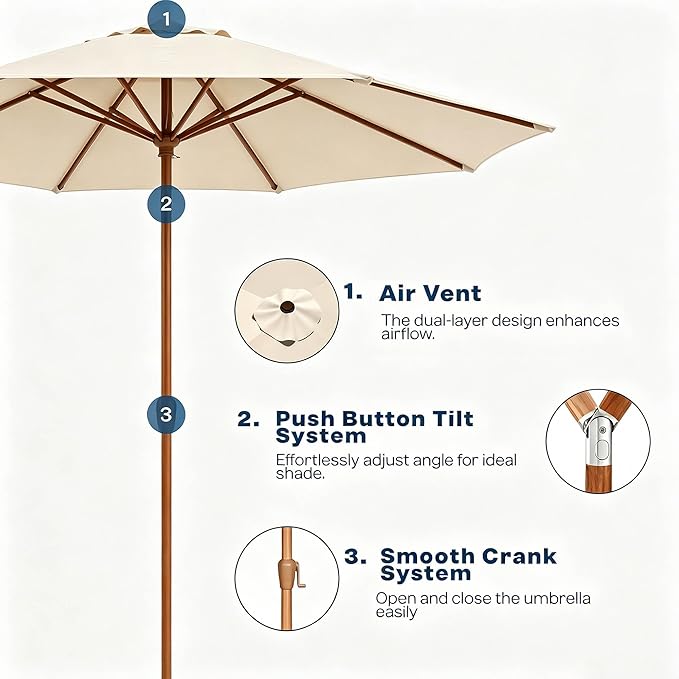 9ft Outdoor Patio Umbrella, Market Table Umbrella with Crank and Easy Push Button Tilt, Wood Grain Frame, UPF 50+ for Pool, Garden, Deck, Backyard