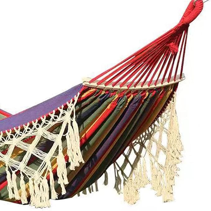 Outdoor Hammock with Tassels, Foldable Polyester Cotton, 102x59 Inch - Lightweight, Sturdy Wooden Poles, Ideal for Garden and Camping Relaxation (Red)