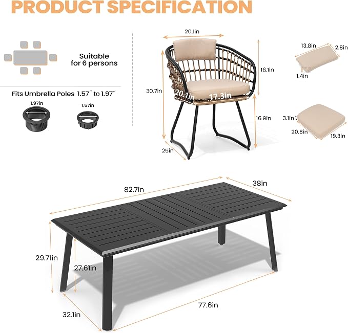 Pellebant 7-piece Outdoor Dining Set for 6 Person - Weather-Resistant Patio Dining Furniture Set, 83" Aluminum Outdoor Table with Umbrella Hole, Wicker Chair with Cushion for Deck, Porch, Backyard