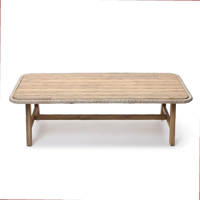 LuxenHome 47" Outdoor Coffee Table for Patio, Acacia Wood Patio Table with Woven Trim, Rectangular Outdoor Table for Patio, Balcony, and Porch