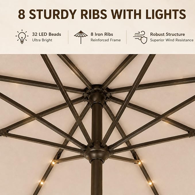 11FT Solar Lighted Patio Umbrella, Outdoor Table Market Umbrellas with Crank Lift, 32 LED Lights, 8 Sturdy Ribs, UV-Resistant for Deck, Garden, Pool