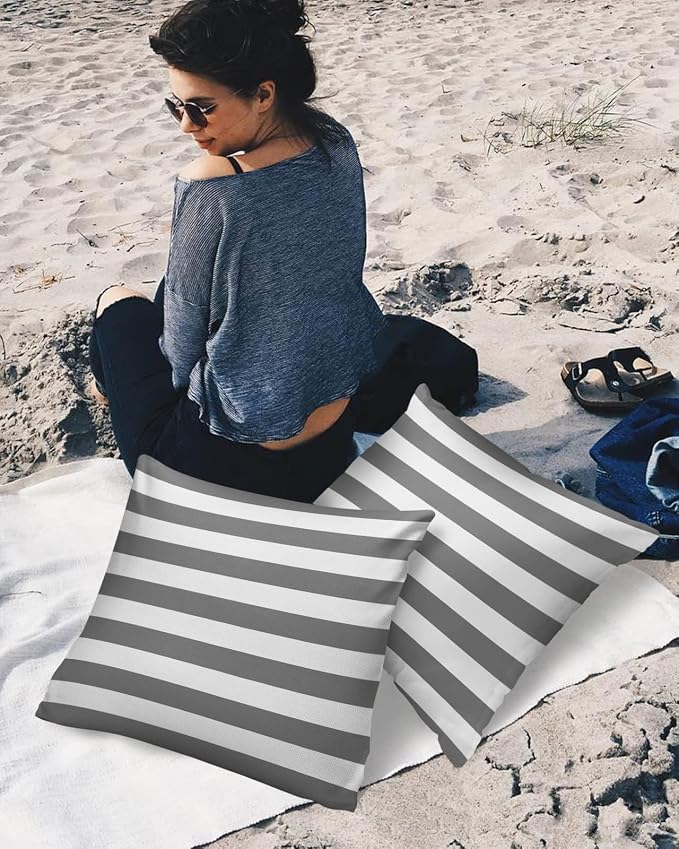 Outdoor Waterproof Pillow Covers for Patio Furniture Grey and White Stripes Decorative Throw Pillow Cover Solid Striped Pillowcases Set of 2 Cushion Case for Sofa Couch Chair 18 x 18 in
