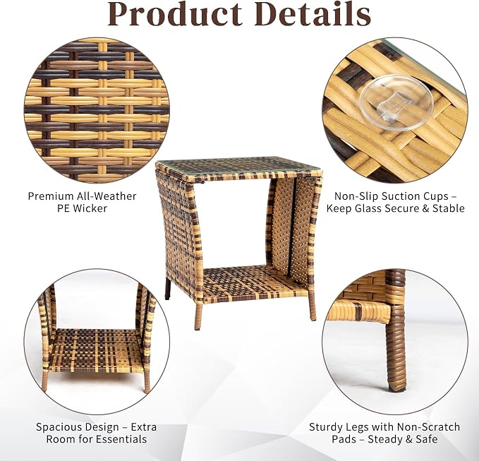 Outdoor Wicker Side Table, 18.1" Square End Table with Tempered Glass Top & Storage Shelf, Resin Wicker Coffee Table for Patio, Porch, Backyard, Balcony,Yellow