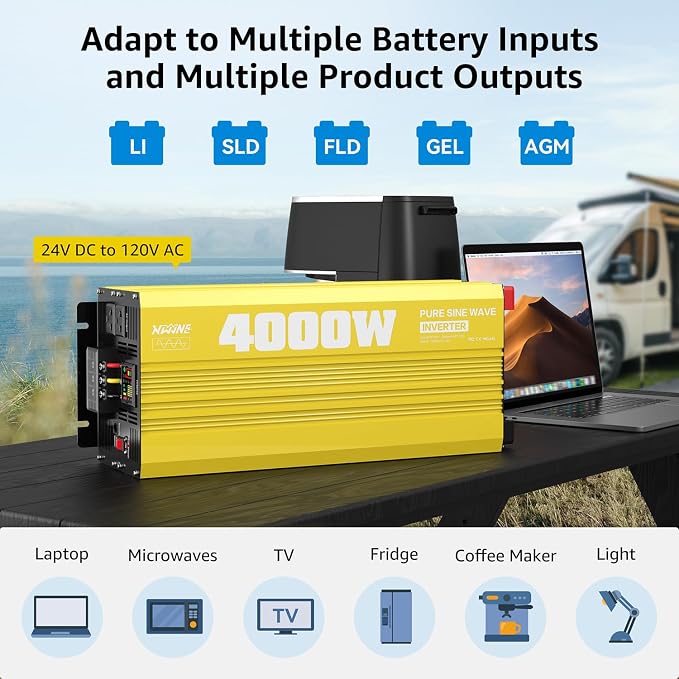 XWJNE 4000W Pure Sine Wave Power Inverter 24V DC to 120V AC Converter with LED Display and Remote Controller for Home, RV, Truck, Off-Grid Solar Power