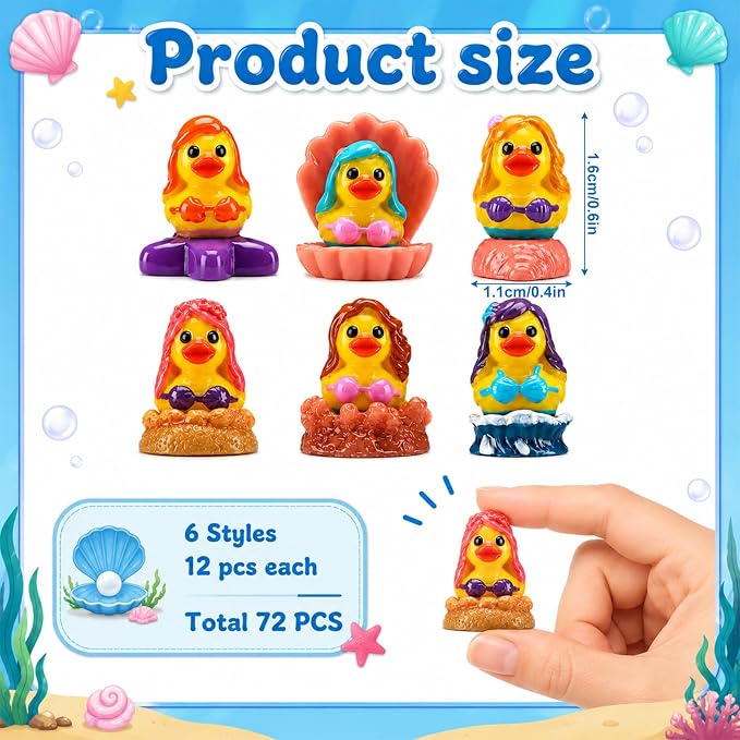 72 Pcs Mini Resin Mermaid Ducks Bulk Tiny Duckies Small Basket Stuffers Gifts for Table Party Decorations Favors