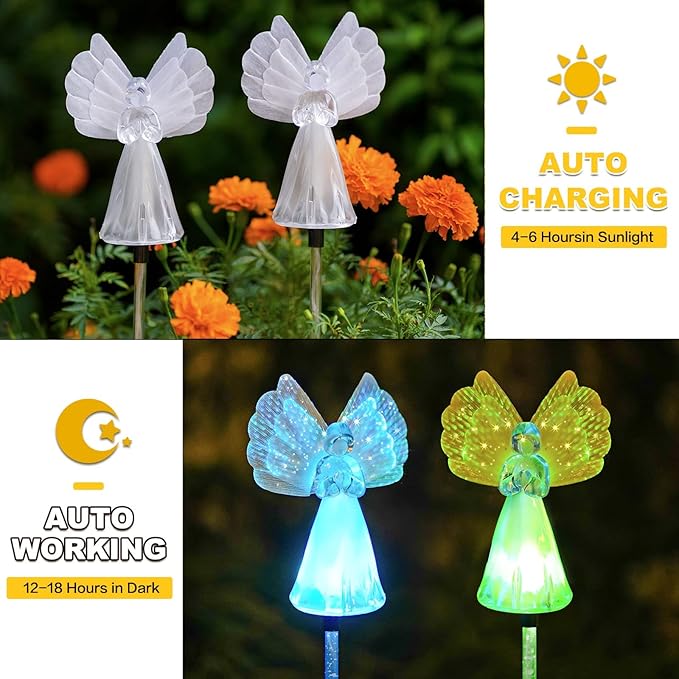 Outdoor Solar Garden Lights,2 Pack Solar Angel Decorative Lights, IP67 Waterproof Color Changing LED Solar Outdoor Lights,Solar Stake Lights for Cemetery Grave Garden Patio Yard Lawn Decoration