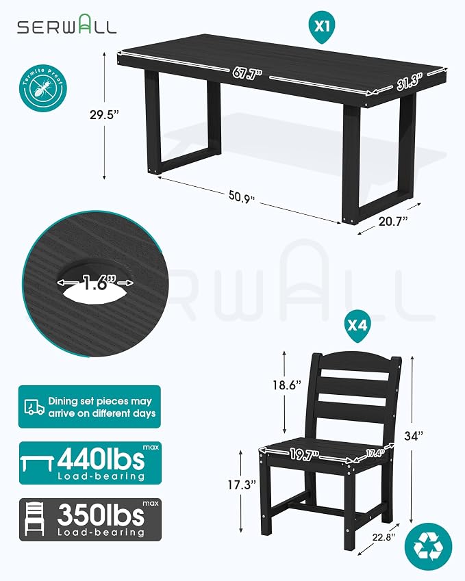SERWALL HDPE Outdoor Dining Set for 4, 67'' Patio Table and Chairs Set | with Armless Seat