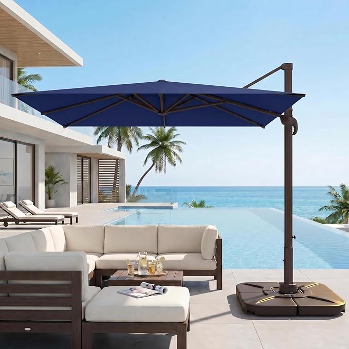 Kingdura 10' X 10' Cantilever Patio Umbrella with Base Included, Large Square Aluminum Outdoor Offset Umbrella with 360-degree Rotation, 4 Position Tilt, UV Protection for Pool Deck Garden Patio (Navy blue)