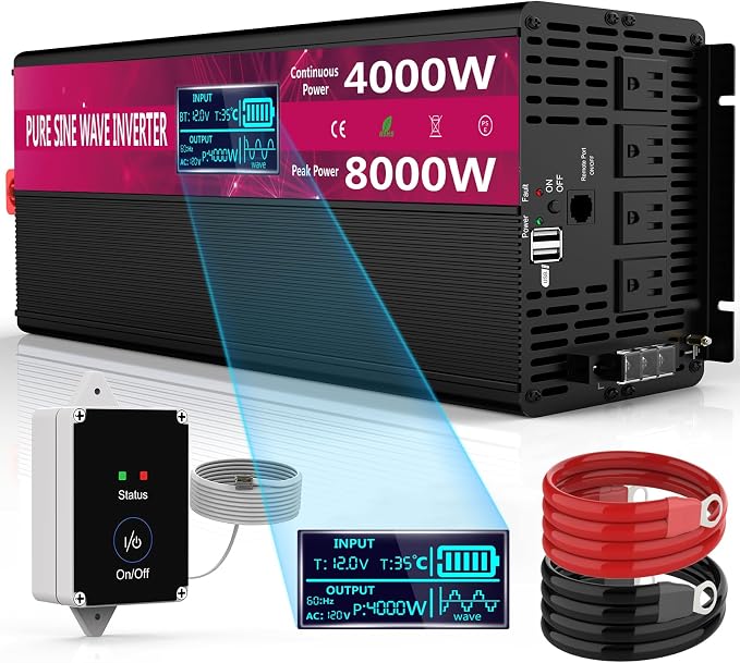 4000W Pure Sine Wave Power Inverter 12V DC to 110V/120V AC, 8000W Peak with Remote Control, 4 AC Outlets, Dual USB, LED Display, Heavy Duty Converter for RV, Truck, Solar System, Off-Grid & Emergency