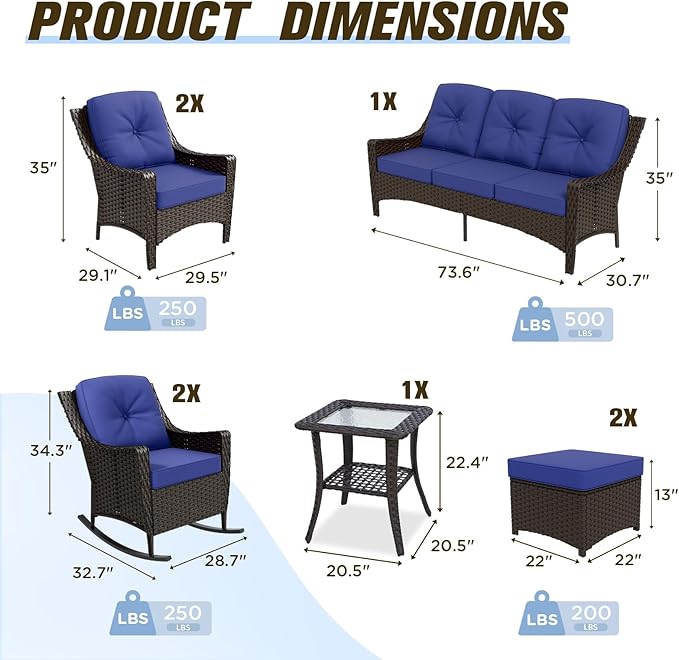 Stone Creek Outdoor Furniture Set with Rocking Chairs, Patio Chairs, 3 Seater Couch, Side Table & Ottomans, Wicker Patio Conversation Set, Balcony Furniture, 8 Piece, Brown/Blue