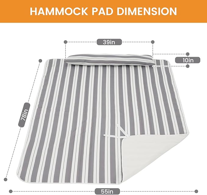 Lazy Daze Hammocks 2 Person Hammock Pad and Pillow Set, Double Polyester Quilted 78" x55" Replacement Pad for Rope Hammock, Light Grey Stripes