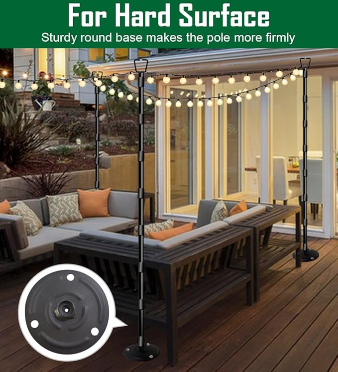 10Ft String Light Poles for Outside, Adjustable Metal Poles for Outdoor String Lights, Rustproof & Sturdy Light Stand Posts for Patio, Backyard, Deck, Garden, Party Decorations