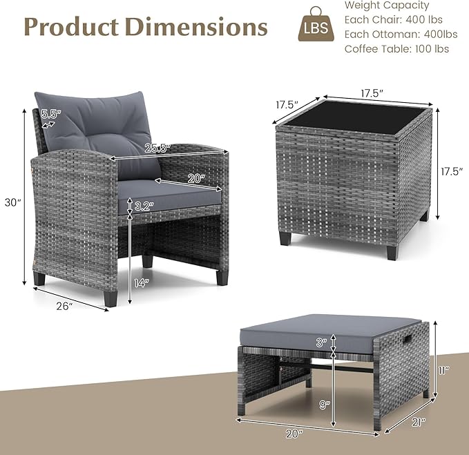 HAPPYGRILL 5-Piece Outdoor PE Rattan Conversation Set, Wicker Patio Furniture Set with Cushion, Ottoman & Coffee Table for Backyard Garden Poolside Lawn Deck Porch (Mix Grey & Grey)
