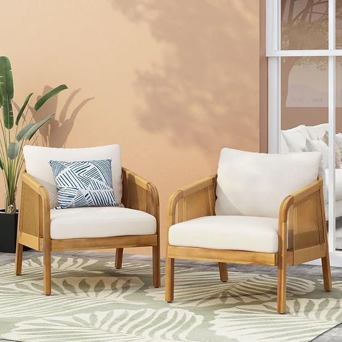 Merax Outdoor Acacia Wood Wicker Patio Club Chair,Set of 2,Conversation Set,Faux Rattan Accents