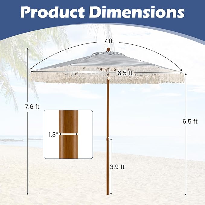 HAPPYGRILL 7 FT Patio Umbrella with Fringe, Outdoor Tassel Umbrella w/Sun-Protective Polyester Canopy, Wood-like Aluminum Pole, Air Vent, Boho Market Table Umbrella for Beach Backyard Poolside