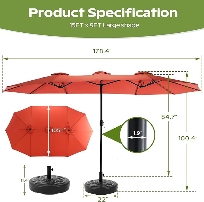 15ft Umbrella Outdoor Patio - Double-Sided Large Market Rectangle Umbrellas with Crank Handle for Patio Garden Yard Pool (No Base)