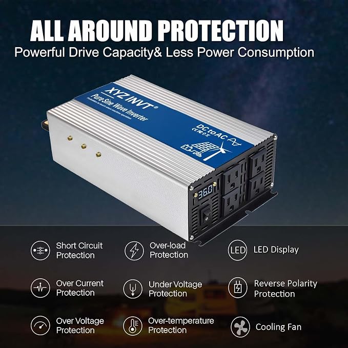 2000W Pure Sine Wave Inverter DC 12V to AC 110V 120V, 3600W Peak Power Inverter with 4 AC Outlets and LED Display for Car, Truck, Solar, Home Off Grid Over 90% Efficiency